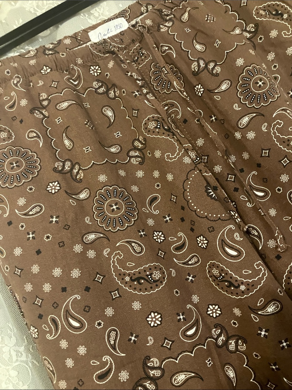 Women's Brown Paisley bandanna print linen rayon Pants boho chic casual